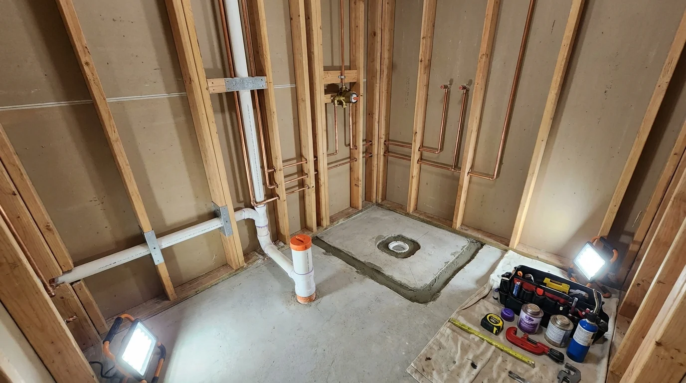 Bathroom rough-in plumbing during remodel by Johns Plumbing LLC in Lone Star