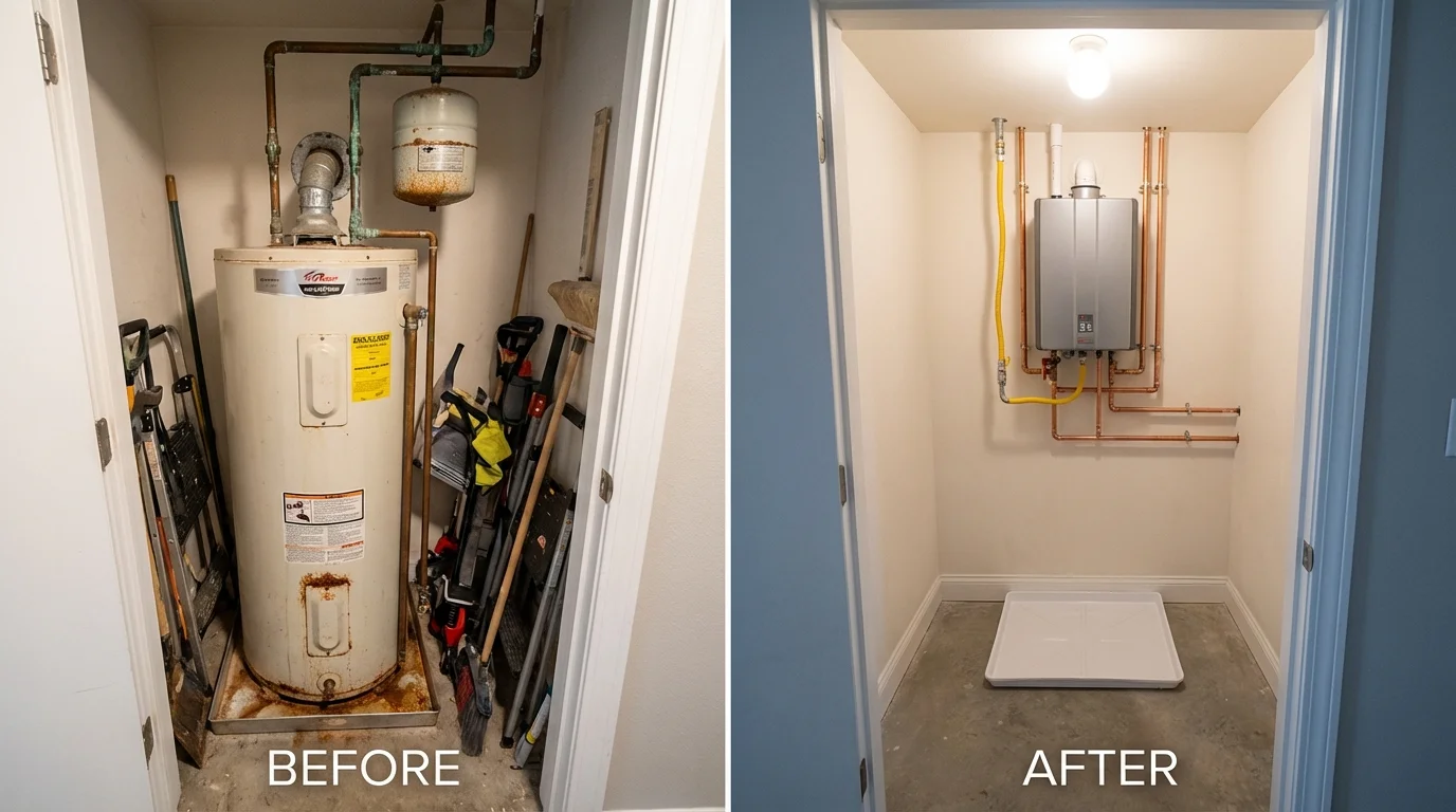 Tank water heater versus wall-mounted tankless unit comparison for Lone Star, TX homeowners