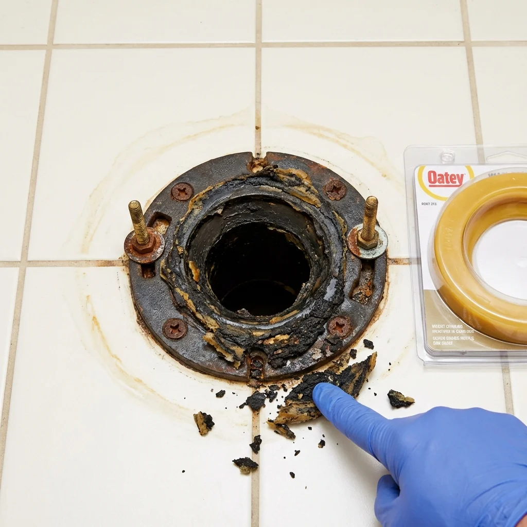 Failed wax ring showing water seepage at the base of a toilet in a Lone Star, TX home